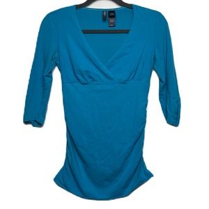 Bisou Bisou Aqua Teal Faux Wrap Ruched 3/4 Sleeve Top